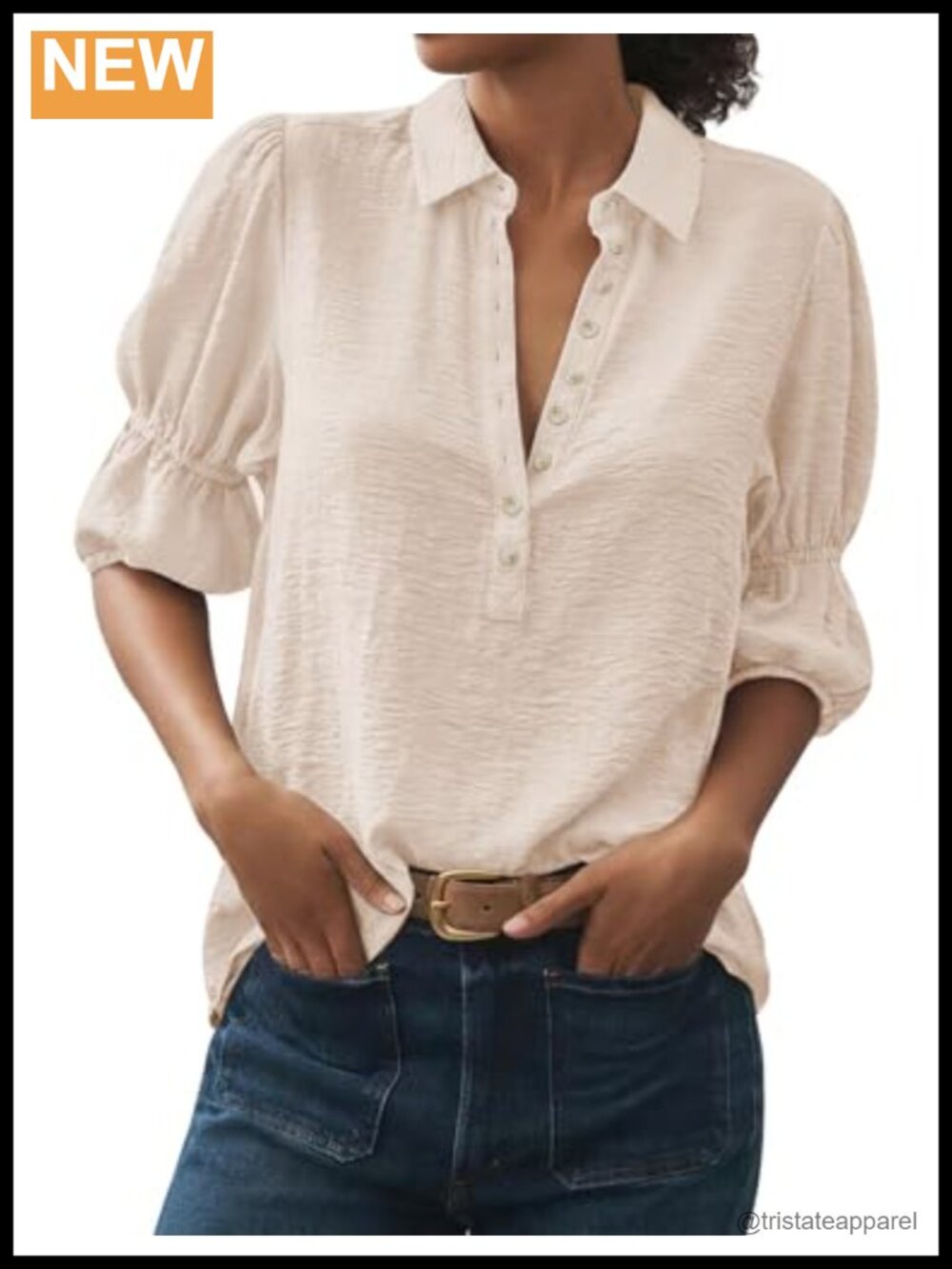 Women's Puff Sleeve Button Down Work Blouse Polyester V-Neck Top